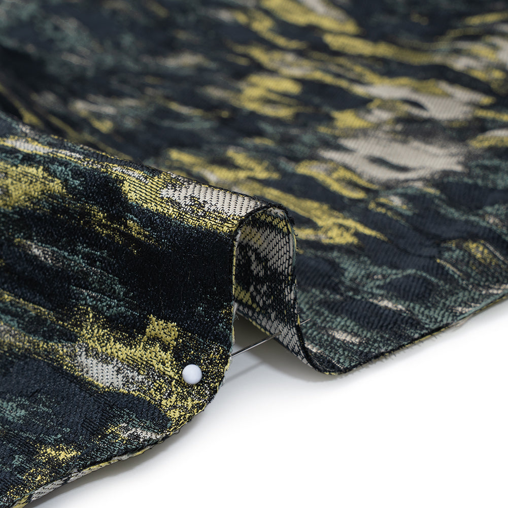Polyester Brocade Made in Italy - Navy, Muted Blue and Lime Green Abstract Water Ripples - Deadstock