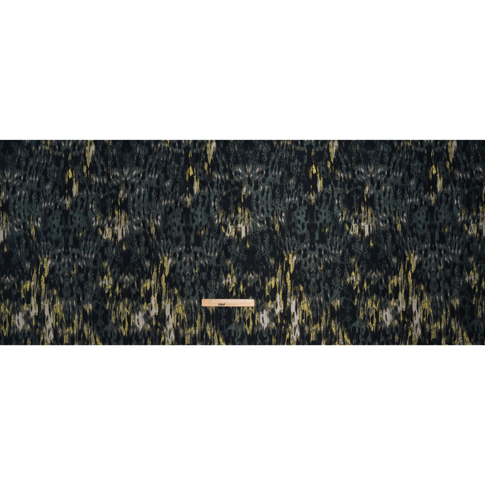 Polyester Brocade Made in Italy - Navy, Muted Blue and Lime Green Abstract Water Ripples - Deadstock