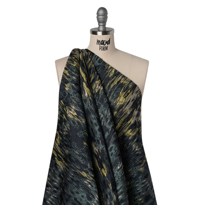 Polyester Brocade Made in Italy - Navy, Muted Blue and Lime Green Abstract Water Ripples - Deadstock