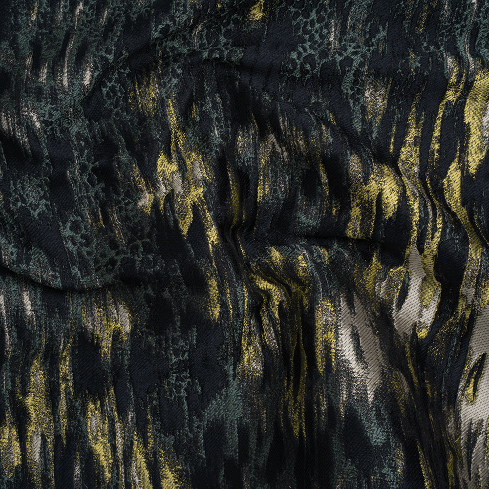 Polyester Brocade Made in Italy - Navy, Muted Blue and Lime Green Abstract Water Ripples - Deadstock