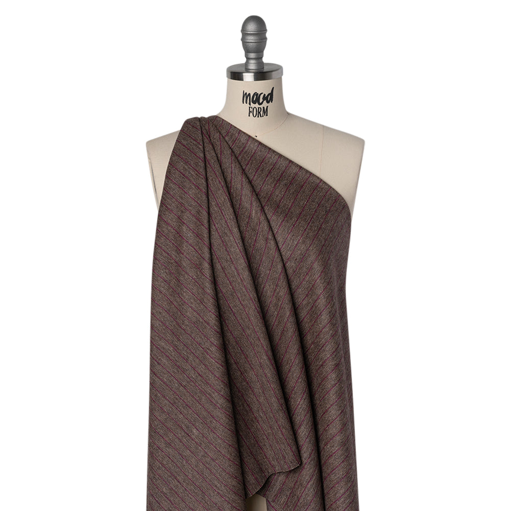 Brushed Wool Twill Made in Italy - Fuchsia and Brown Chalk Stripes - Deadstock