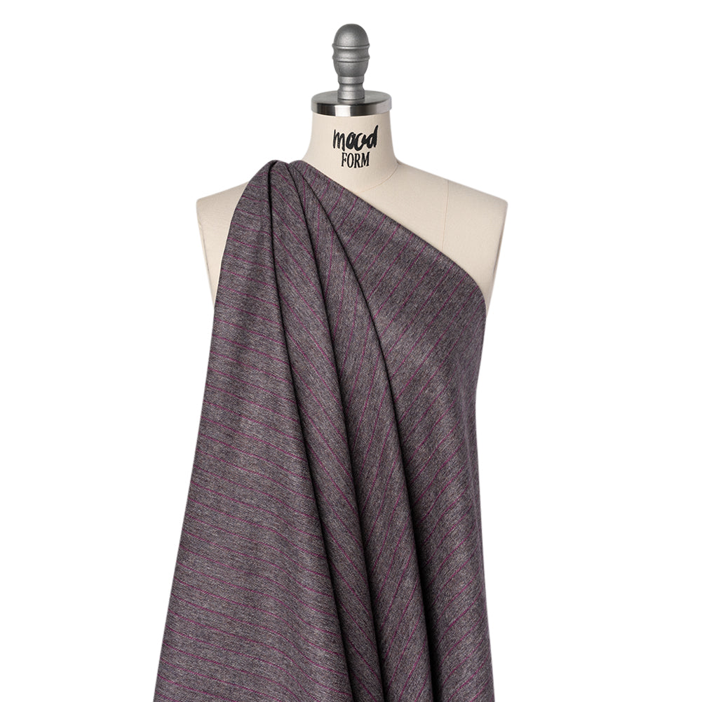 Brushed Wool Twill Made in Italy - Fuchsia and Gray Chalk Stripes - Deadstock