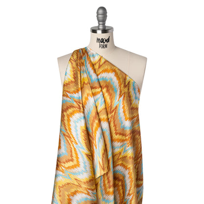 Silk Charmeuse Print 16MM, Made in Italy - Orange, Yellow and Turquoise Ikat Marbled Waves