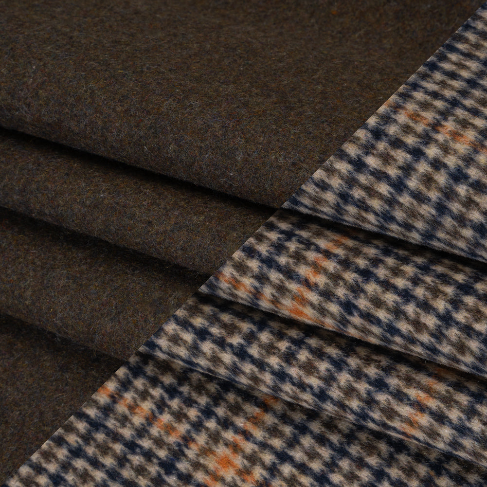Brushed Wool Blend Double Cloth Coating - Brown, Blue and Orange Tattersall Checks with Heathered Brown Back - Deadstock Folded