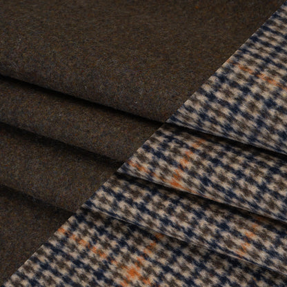 Brushed Wool Blend Double Cloth Coating - Brown, Blue and Orange Tattersall Checks with Heathered Brown Back - Deadstock Folded