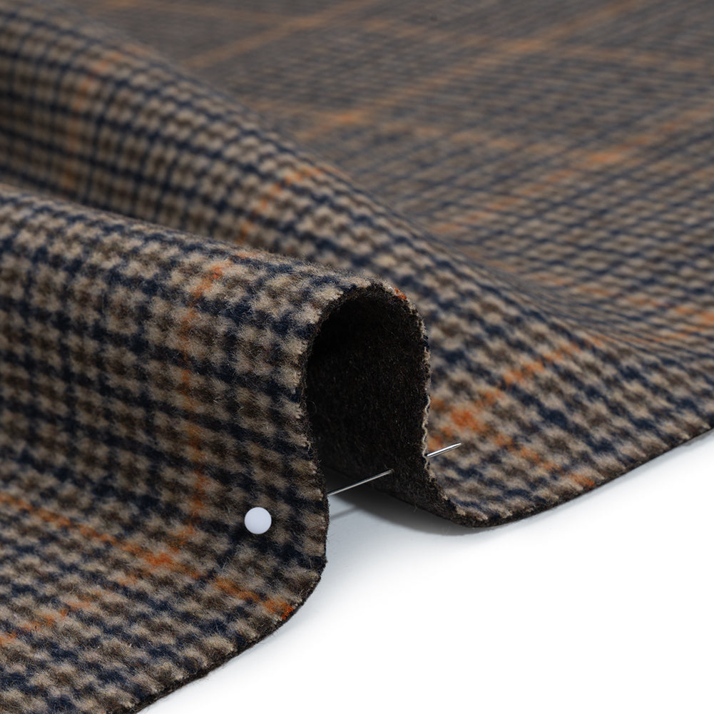 Brushed Wool Blend Double Cloth Coating - Brown, Blue and Orange Tattersall Checks with Heathered Brown Back - Deadstock Detail
