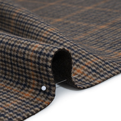 Brushed Wool Blend Double Cloth Coating - Brown, Blue and Orange Tattersall Checks with Heathered Brown Back - Deadstock Detail