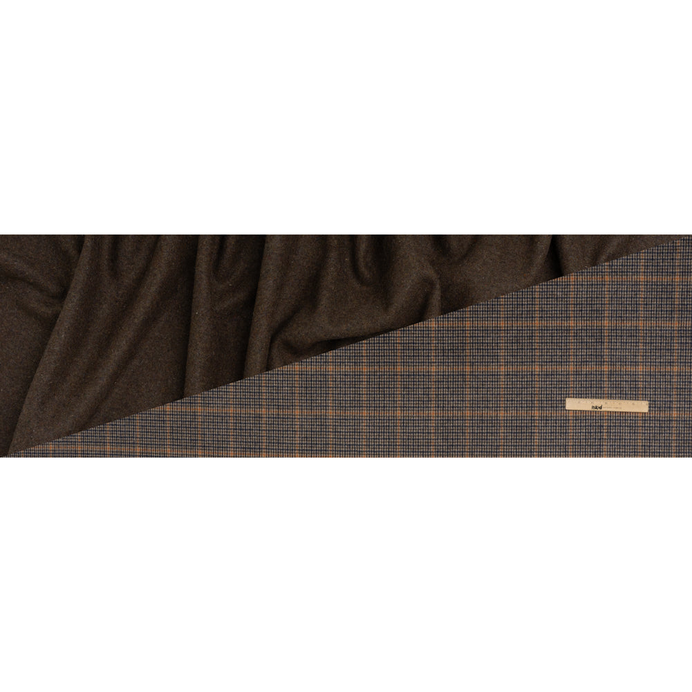 Brushed Wool Blend Double Cloth Coating - Brown, Blue and Orange Tattersall Checks with Heathered Brown Back - Deadstock - Full