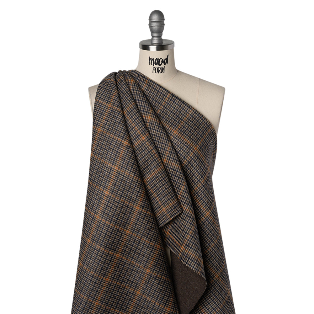 Brushed Wool Blend Double Cloth Coating - Brown, Blue and Orange Tattersall Checks with Heathered Brown Back - Deadstock Drape