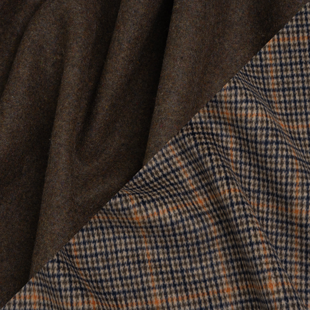 Brushed Wool Blend Double Cloth Coating - Brown, Blue and Orange Tattersall Checks with Heathered Brown Back - Deadstock