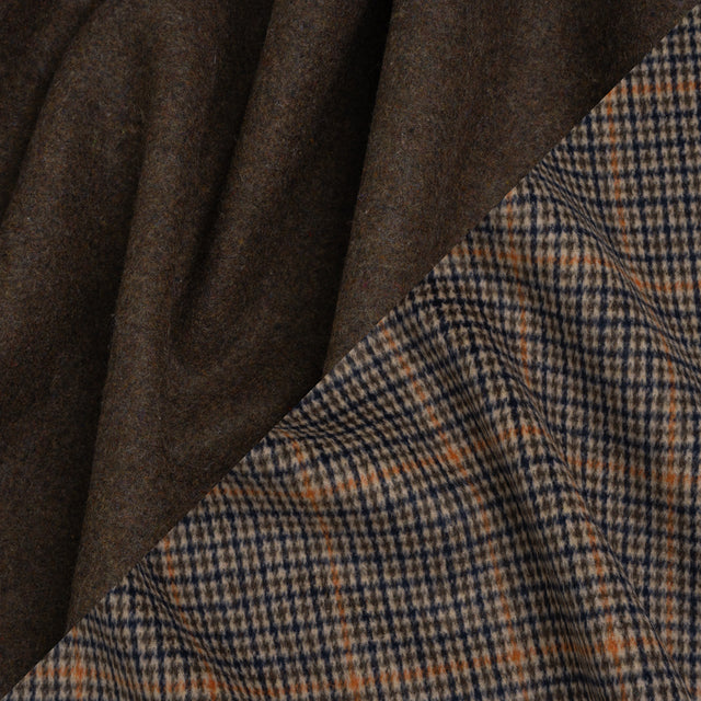 Brushed Wool Blend Double Cloth Coating - Brown, Blue and Orange Tattersall Checks with Heathered Brown Back - Deadstock