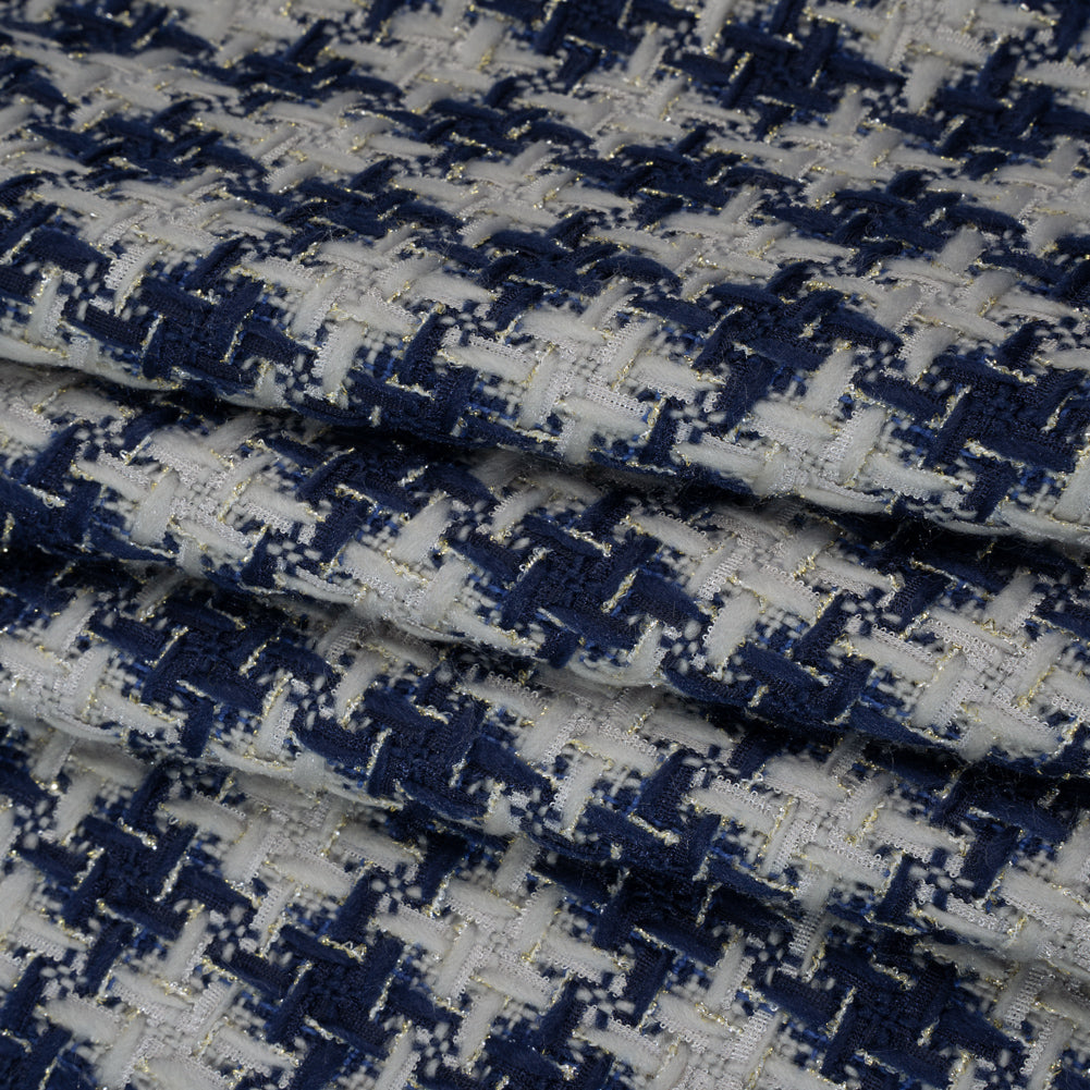 Metallic Polyester Tweed - Baby Blue, Dark Blue and Silver Houndstooth Check - Deadstock Folded