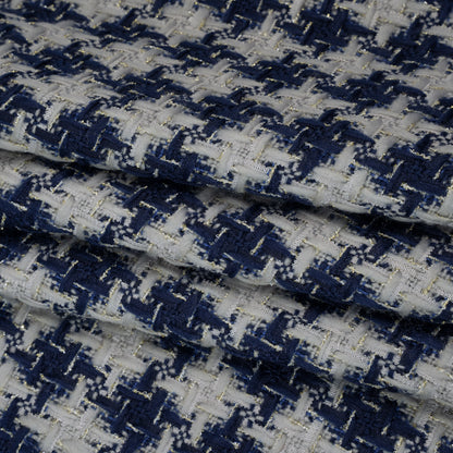 Metallic Polyester Tweed - Baby Blue, Dark Blue and Silver Houndstooth Check - Deadstock Folded