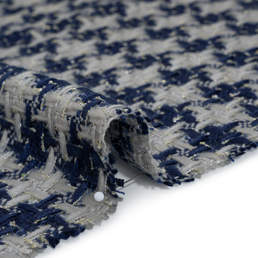Metallic Polyester Tweed - Baby Blue, Dark Blue and Silver Houndstooth Check - Deadstock Detail