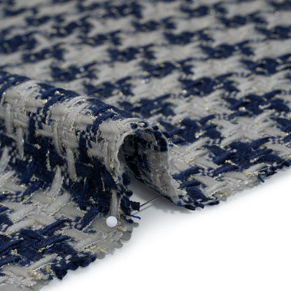 Metallic Polyester Tweed - Baby Blue, Dark Blue and Silver Houndstooth Check - Deadstock Detail