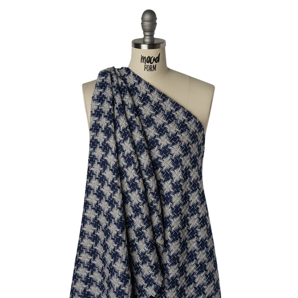 Metallic Polyester Tweed - Baby Blue, Dark Blue and Silver Houndstooth Check - Deadstock Drape