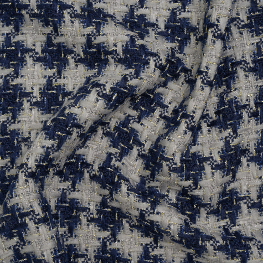 Metallic Polyester Tweed - Baby Blue, Dark Blue and Silver Houndstooth Check - Deadstock