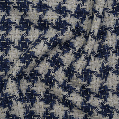 Metallic Polyester Tweed - Baby Blue, Dark Blue and Silver Houndstooth Check - Deadstock