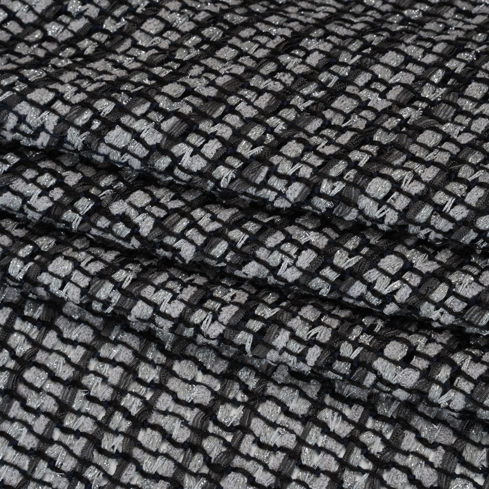 Metallic Polyester and Cotton Boucle Tweed - Black, Light Gray and Silver Stripes - Deadstock Folded