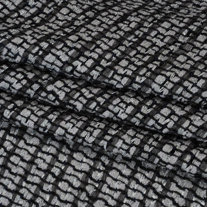 Metallic Polyester and Cotton Boucle Tweed - Black, Light Gray and Silver Stripes - Deadstock Folded