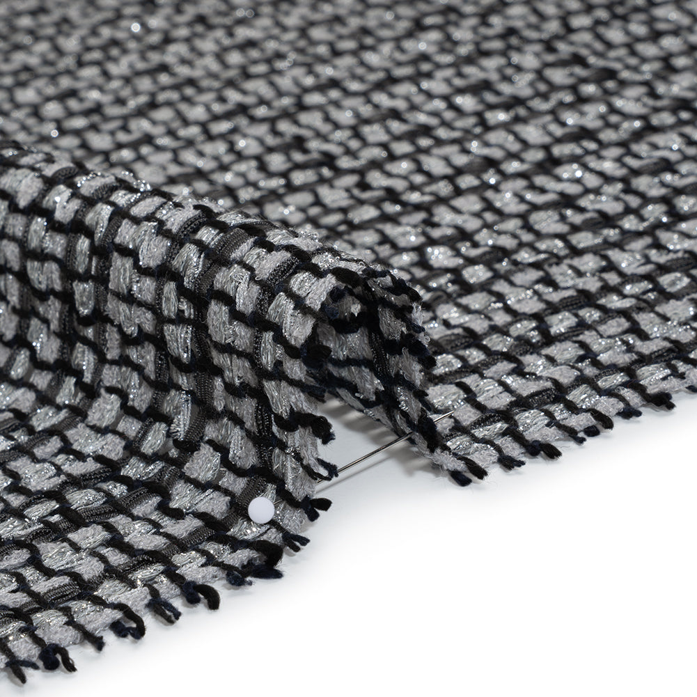Metallic Polyester and Cotton Boucle Tweed - Black, Light Gray and Silver Stripes - Deadstock Detail