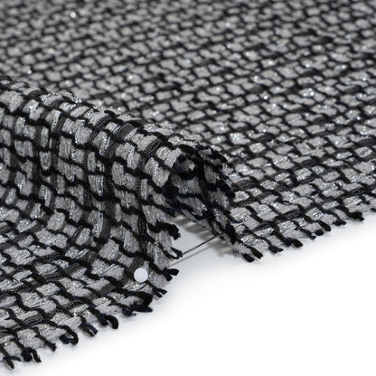 Metallic Polyester and Cotton Boucle Tweed - Black, Light Gray and Silver Stripes - Deadstock Detail