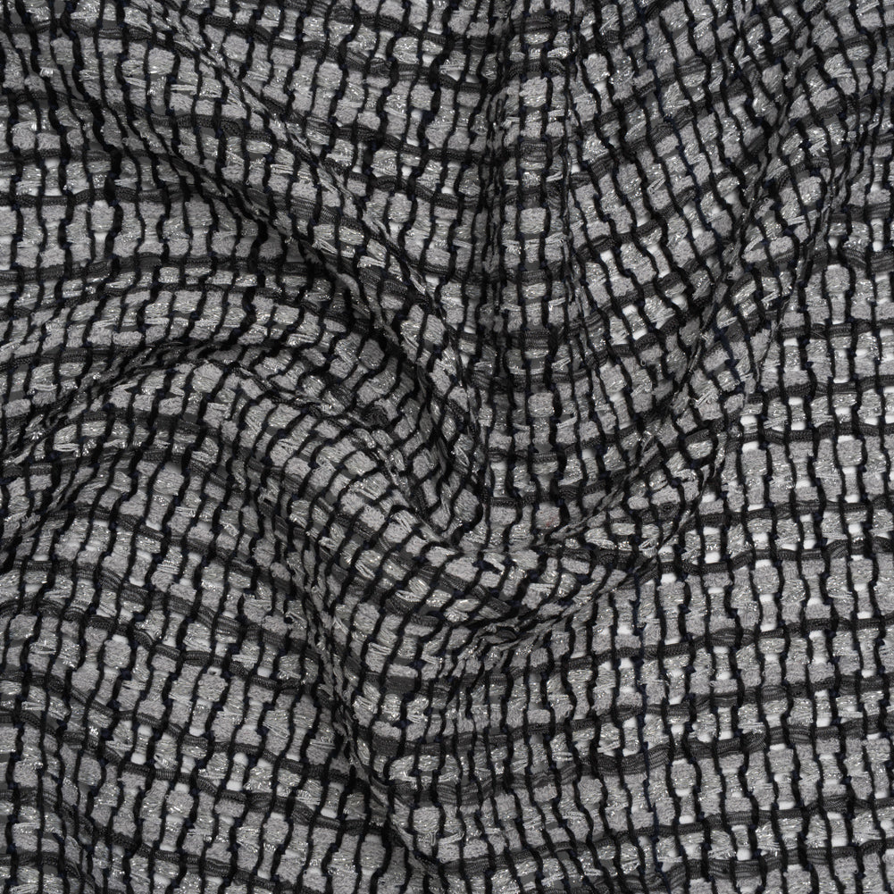 Metallic Polyester and Cotton Boucle Tweed - Black, Light Gray and Silver Stripes - Deadstock
