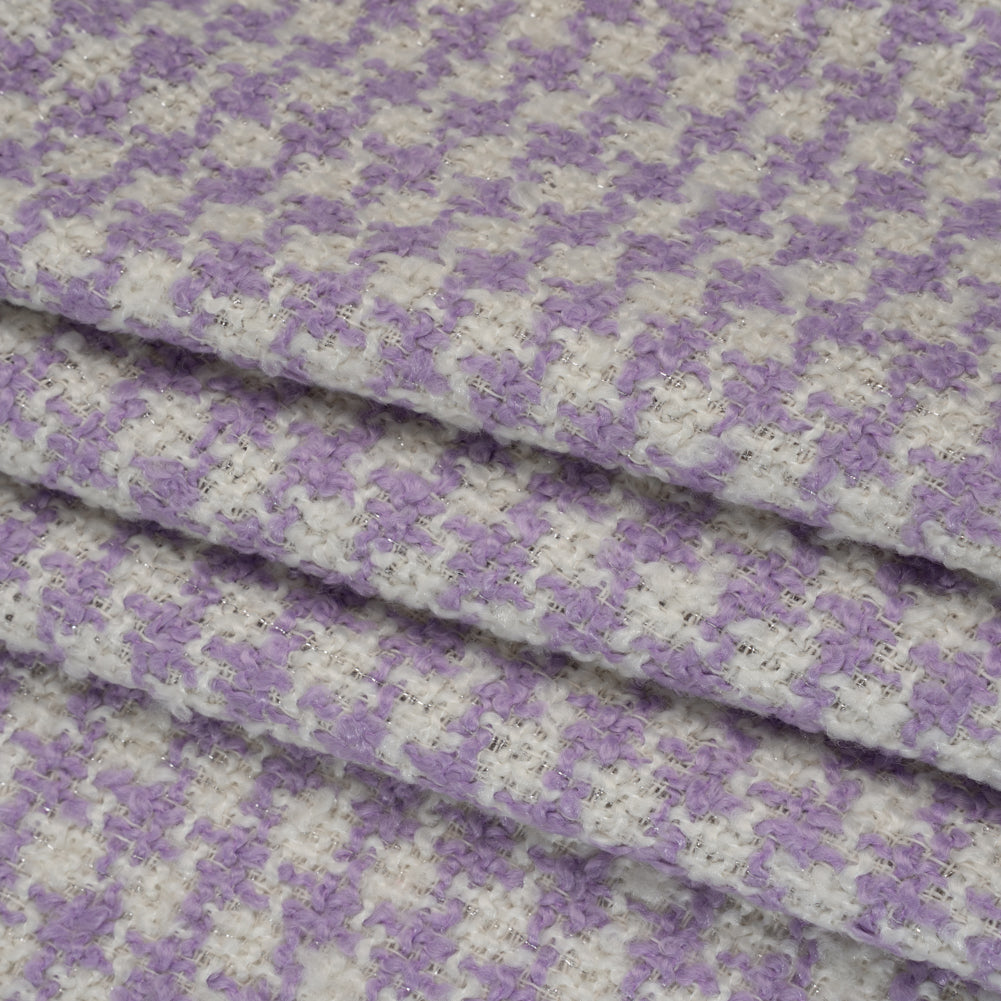 Polyester Boucle Tweed with Metallic Accents - Lavender, White and Silver Houndstooth - Deadstock Folded