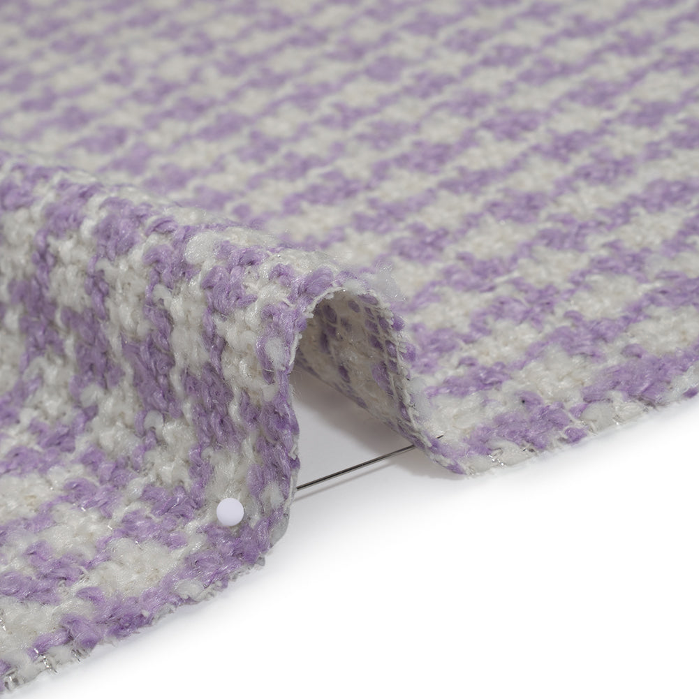 Polyester Boucle Tweed with Metallic Accents - Lavender, White and Silver Houndstooth - Deadstock Detail