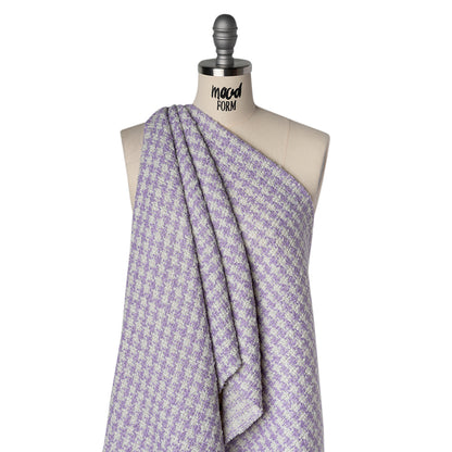 Polyester Boucle Tweed with Metallic Accents - Lavender, White and Silver Houndstooth - Deadstock Drape