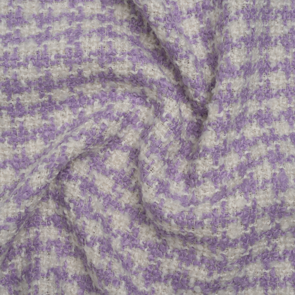 Polyester Boucle Tweed with Metallic Accents - Lavender, White and Silver Houndstooth - Deadstock