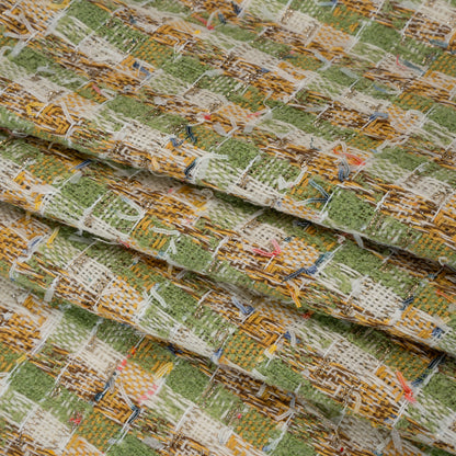 Metallic Polyester Boucle Tweed with Fringe - Avocado Green, Mustard and White Plaid - Deadstock Folded