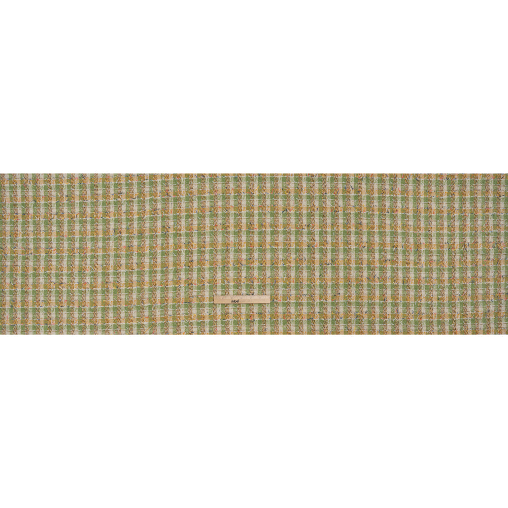 Metallic Polyester Boucle Tweed with Fringe - Avocado Green, Mustard and White Plaid - Deadstock - Full