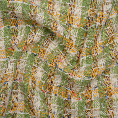 Metallic Polyester Boucle Tweed with Fringe - Avocado Green, Mustard and White Plaid - Deadstock
