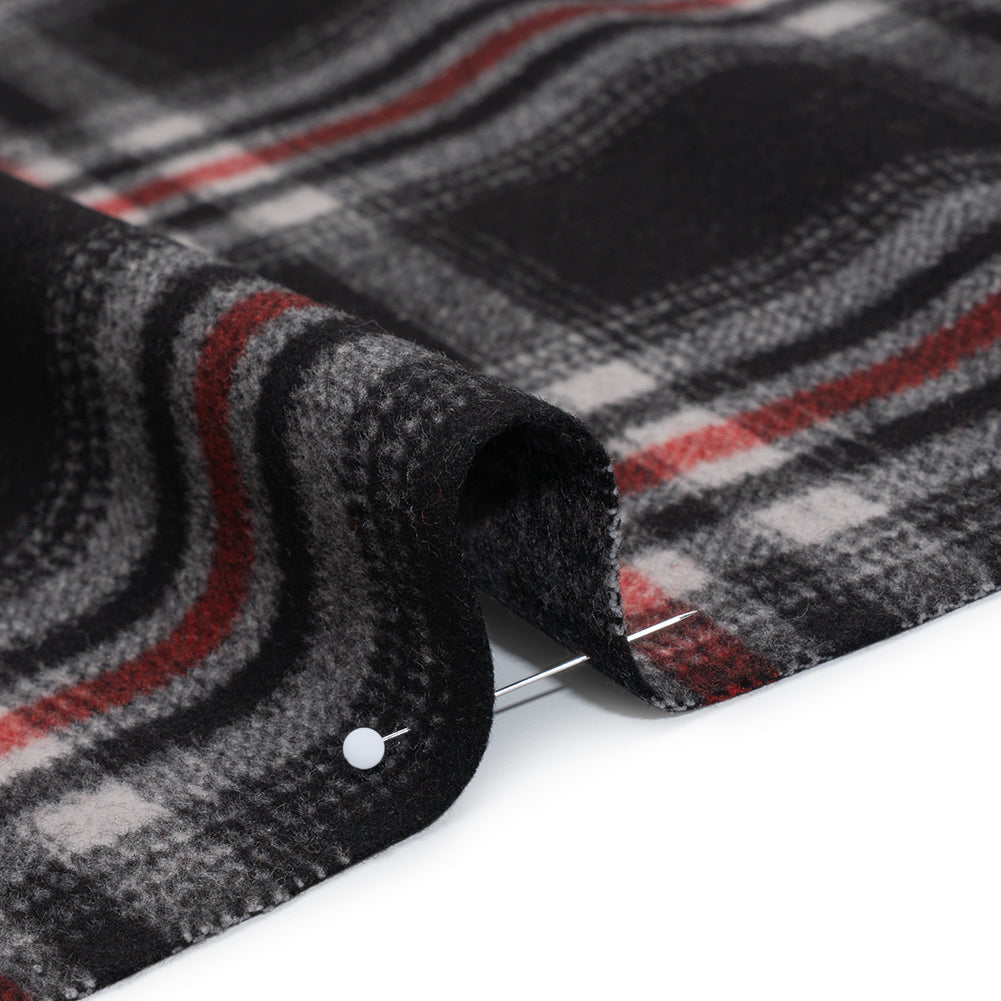 Brushed Wool Blend Twill Coating - Black, Red and White Plaid - Deadstock Detail