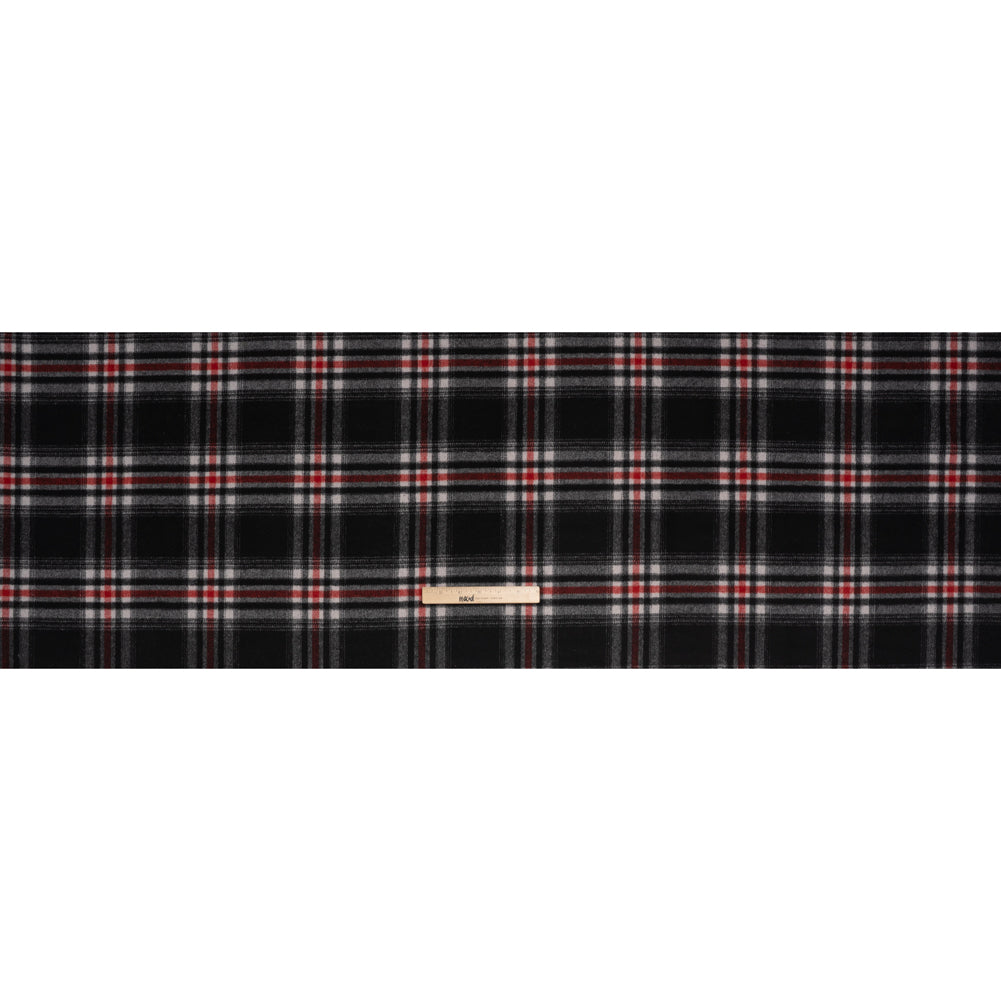 Brushed Wool Blend Twill Coating - Black, Red and White Plaid - Deadstock - Full