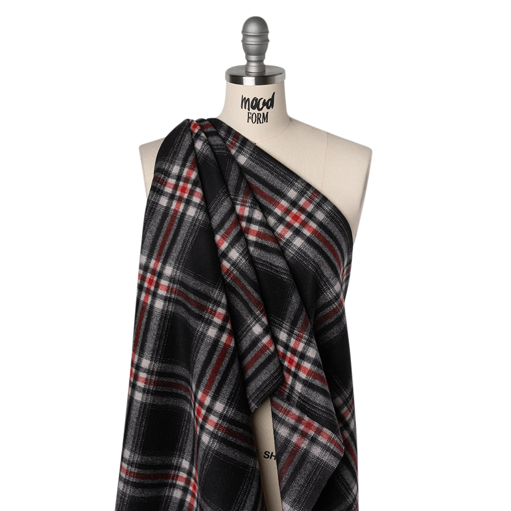 Brushed Wool Blend Twill Coating - Black, Red and White Plaid - Deadstock Drape