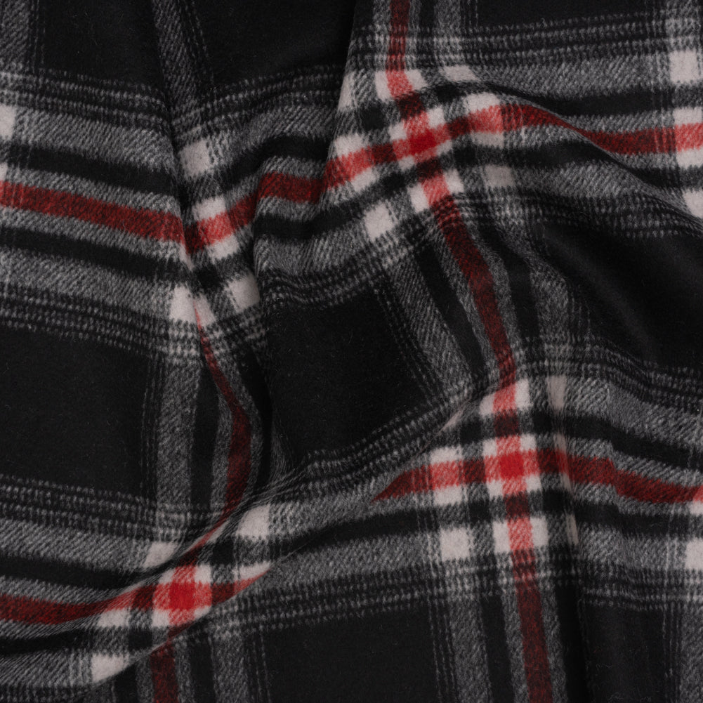 Brushed Wool Blend Twill Coating - Black, Red and White Plaid - Deadstock