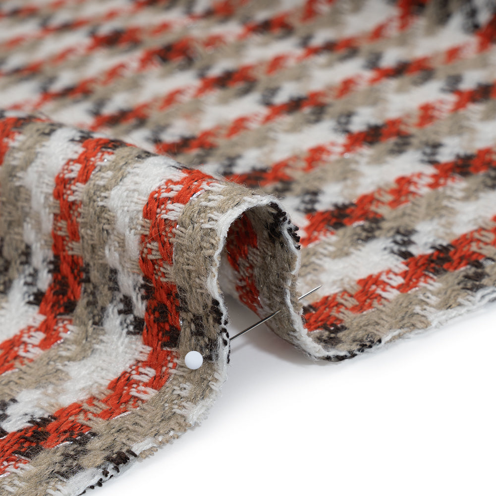Metallic Brushed Acrylic Blend Tweed - Red, Natural and Dark Brown Plaid - Deadstock Detail