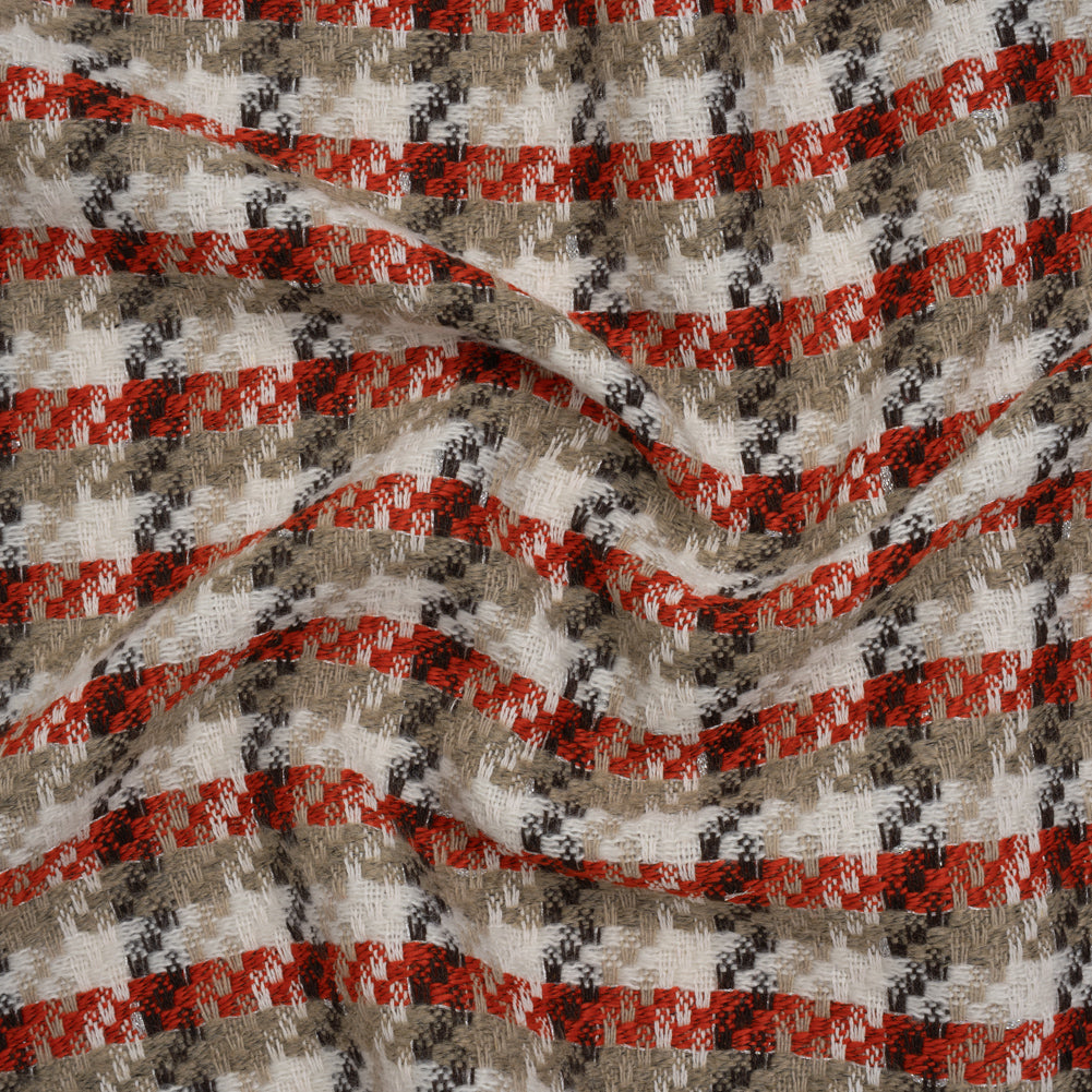 Metallic Brushed Acrylic Blend Tweed - Red, Natural and Dark Brown Plaid - Deadstock
