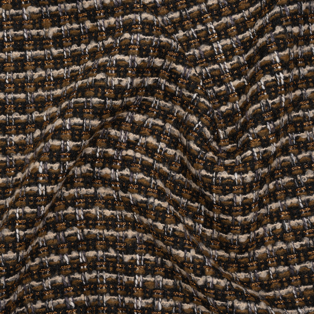 Metallic Wool Blend Boucle Tweed - Black, White and Copper Stripes - Deadstock