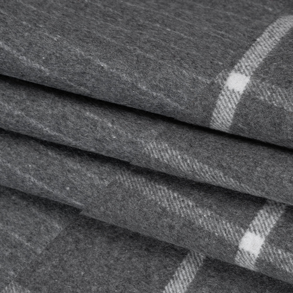 Brushed Wool Blend Double Cloth Coating - Heathered Gray and White Chalk Stripes and Windowpane Checks - Deadstock Folded