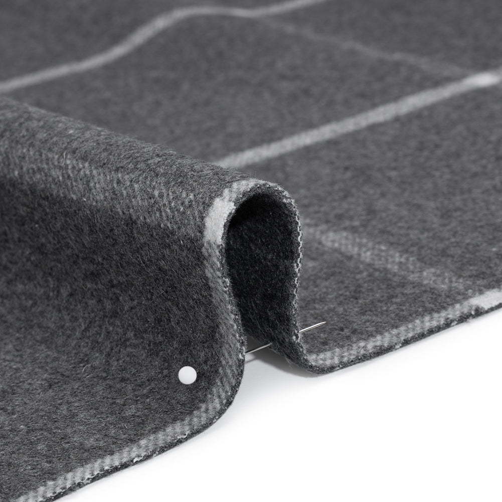 Brushed Wool Blend Double Cloth Coating - Heathered Gray and White Chalk Stripes and Windowpane Checks - Deadstock Detail