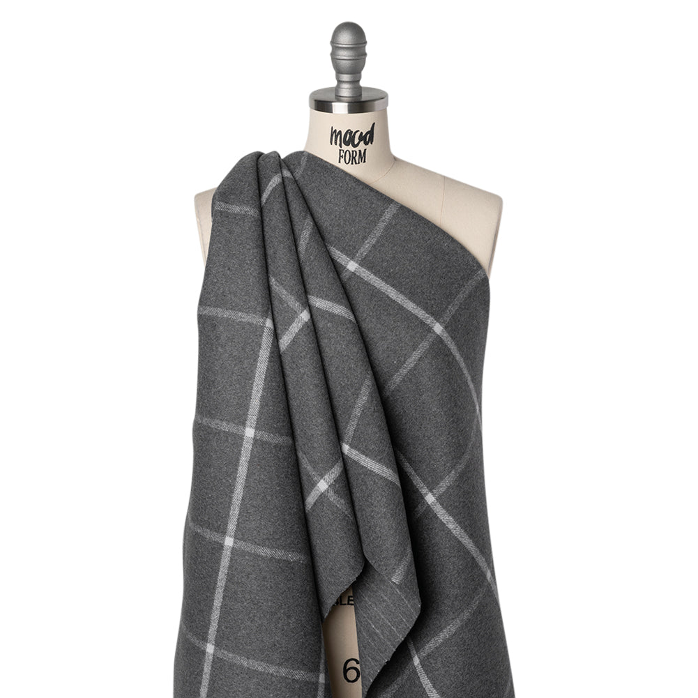 Brushed Wool Blend Double Cloth Coating - Heathered Gray and White Chalk Stripes and Windowpane Checks - Deadstock Drape