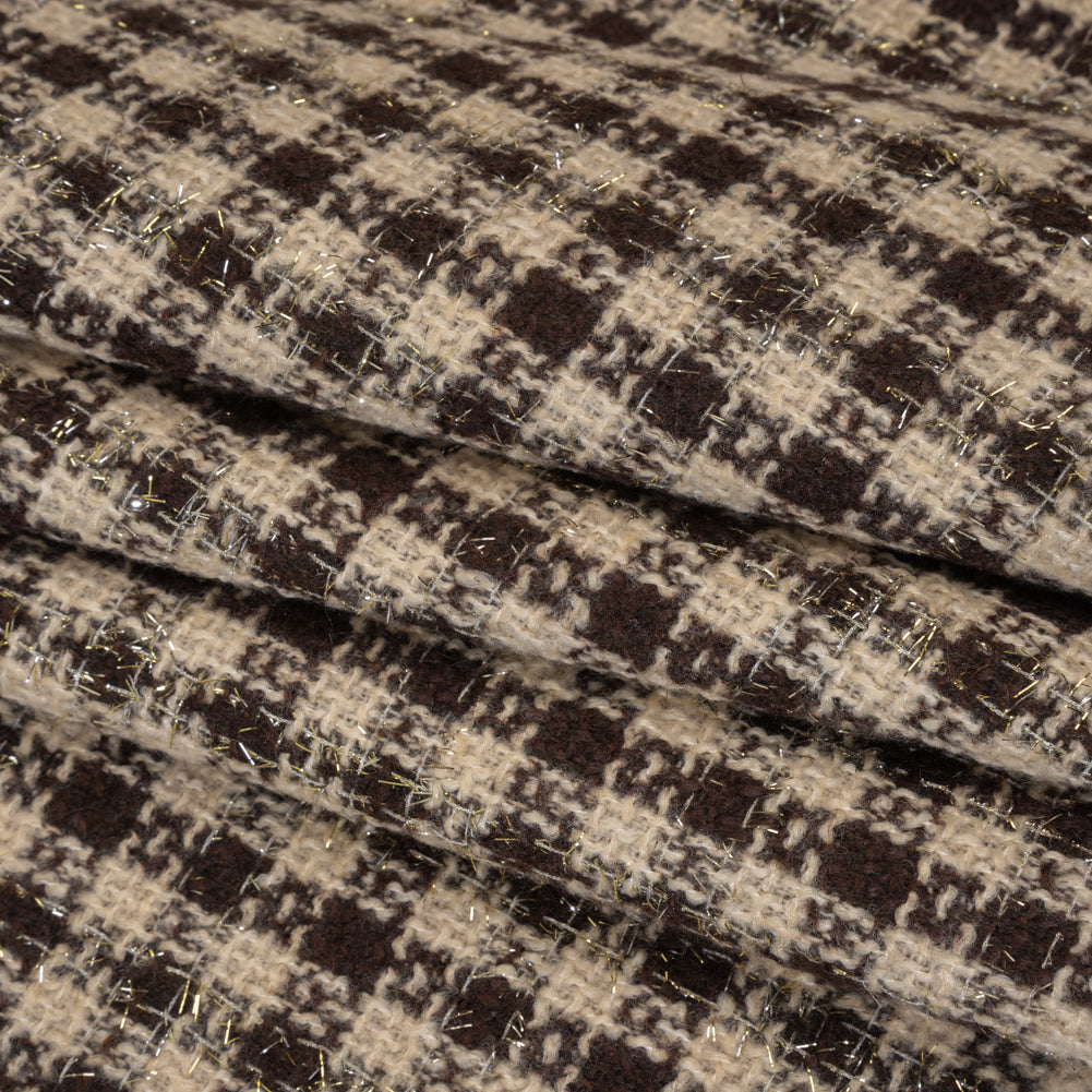 Metallic Wool Blend Boucle Tweed with Eyelash Fringe - Brown and Cream Checks - Deadstock Folded