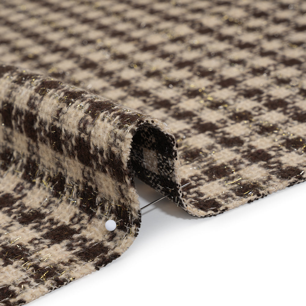 Metallic Wool Blend Boucle Tweed with Eyelash Fringe - Brown and Cream Checks - Deadstock Detail