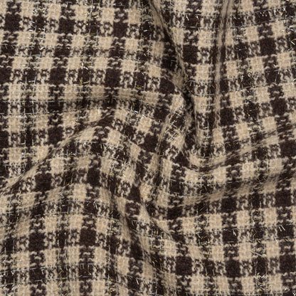 Metallic Wool Blend Boucle Tweed with Eyelash Fringe - Brown and Cream Checks - Deadstock