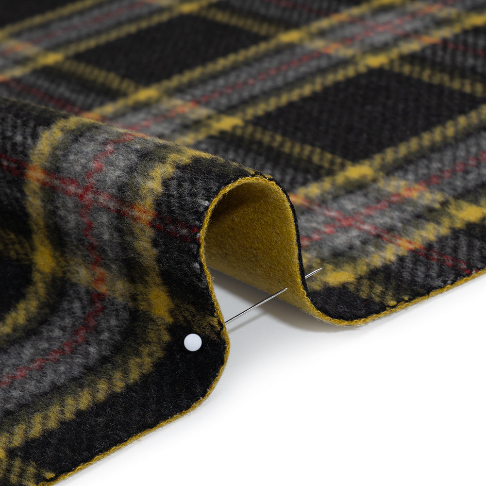 Brushed Wool Blend Double Cloth Coating - Mustard Yellow, Dark Gray and Red Plaid - Deadstock Detail