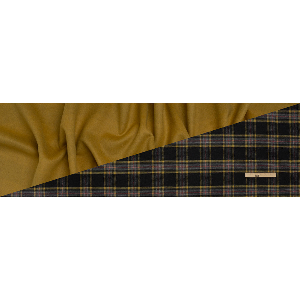 Brushed Wool Blend Double Cloth Coating - Mustard Yellow, Dark Gray and Red Plaid - Deadstock - Full