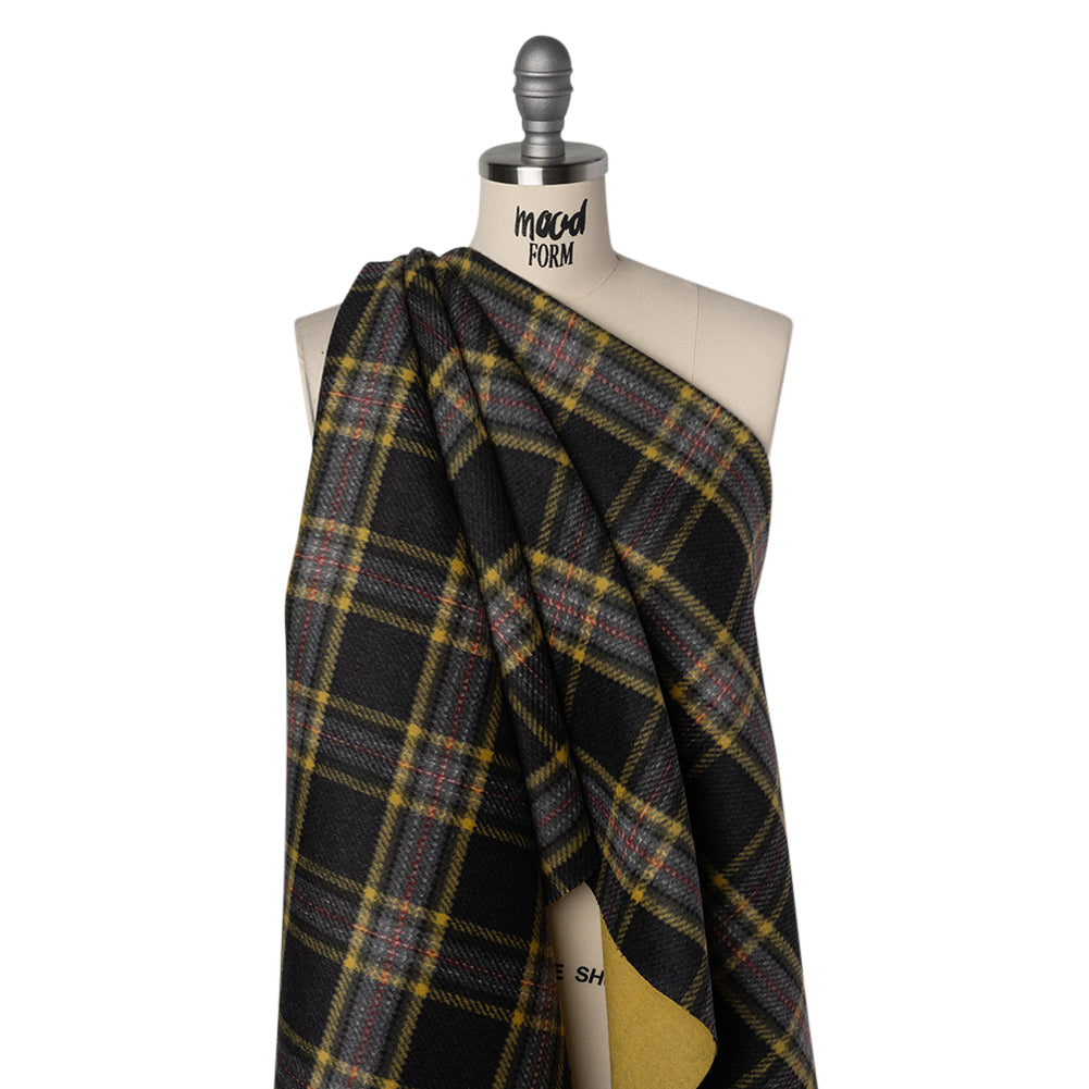 Brushed Wool Blend Double Cloth Coating - Mustard Yellow, Dark Gray and Red Plaid - Deadstock Drape